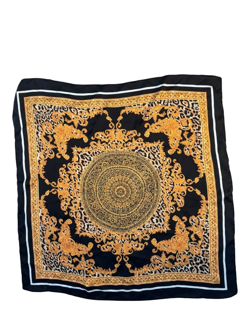 Black & Gold Ornate Medallion Silk-Style Scarf